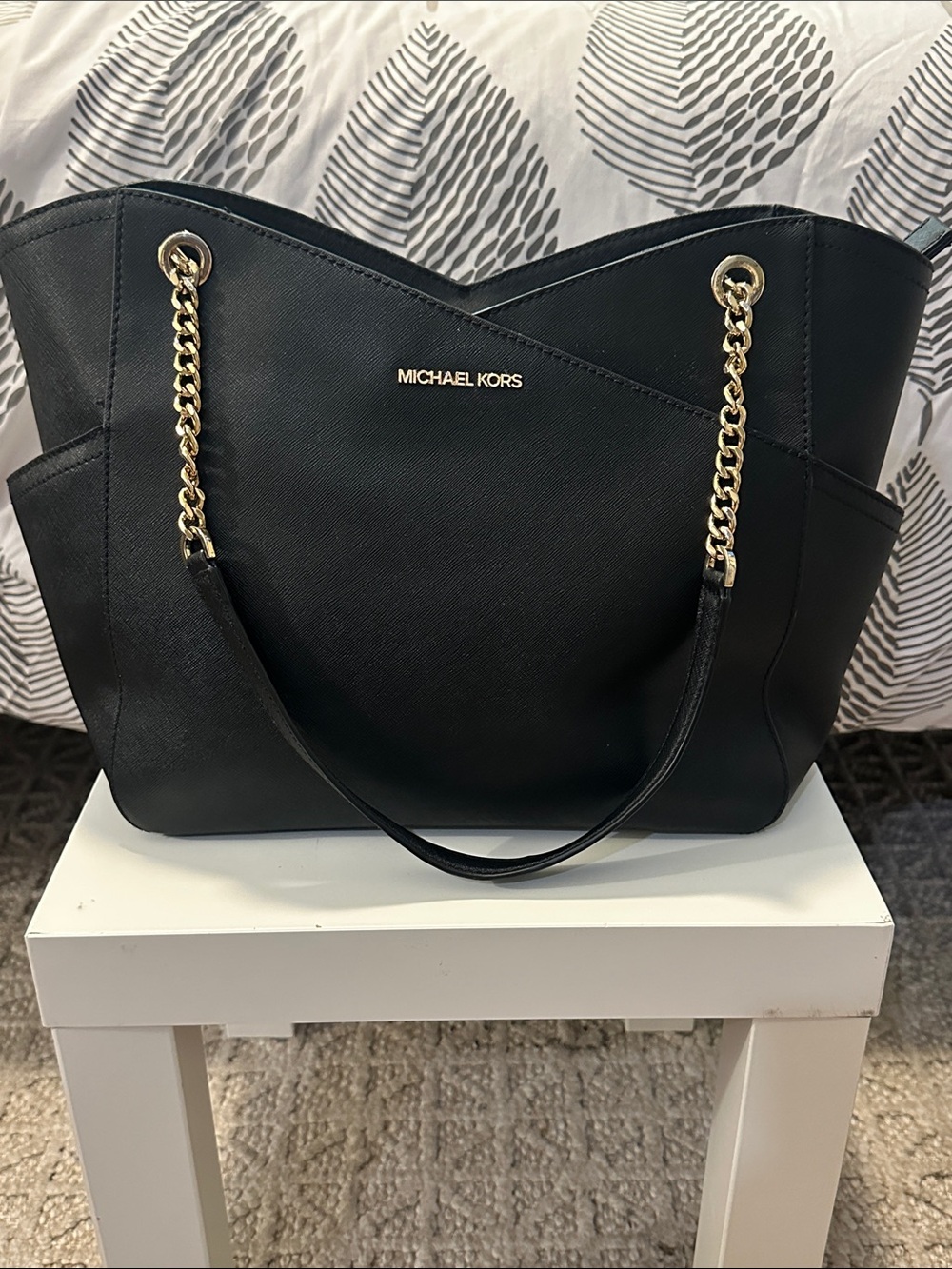 Michael Kors Black Saffiano Tote with Gold Chain Straps